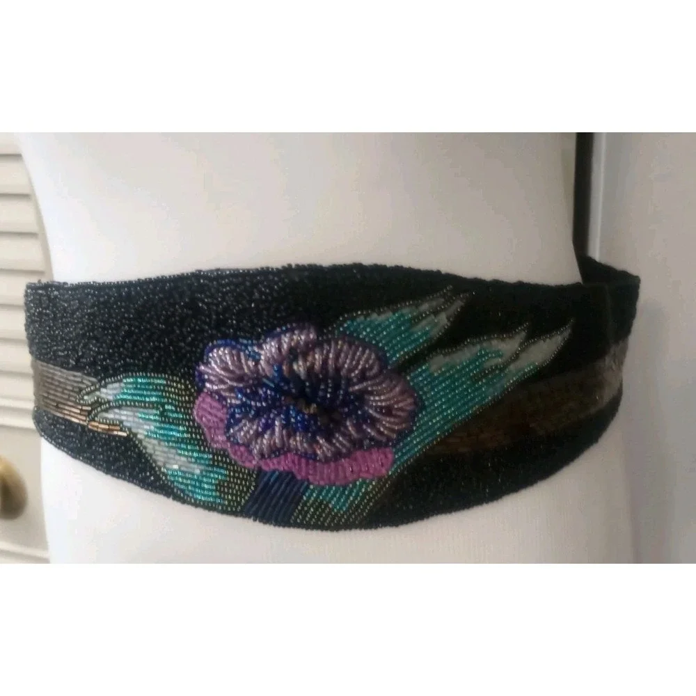 Vtg 80s PATRICK SWEENEY Company Floral Cumberbund Sequin Beaded Belt Goth Fairy